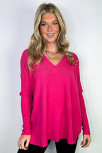 Heather Hot Pink / SM Sophie V-Neck Ribbed Hem Sweater - FINAL SALE - Madison and Mallory