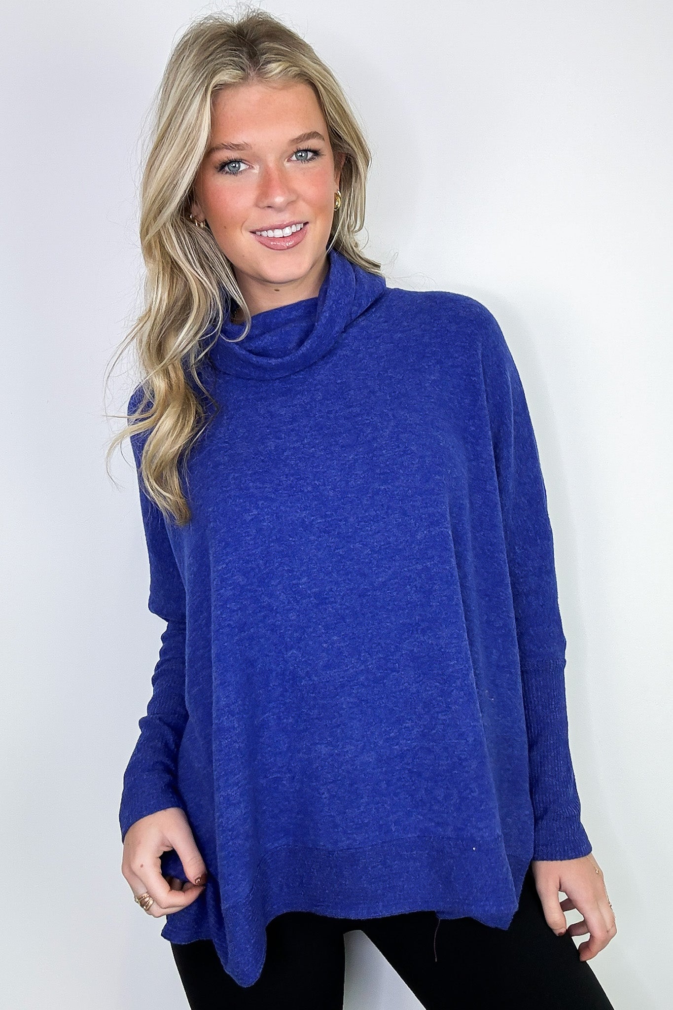 Bright Blue / SM Cozy Harmony Brushed Melange Knit Cowl Neck Poncho Sweater - FINAL SALE - Madison and Mallory