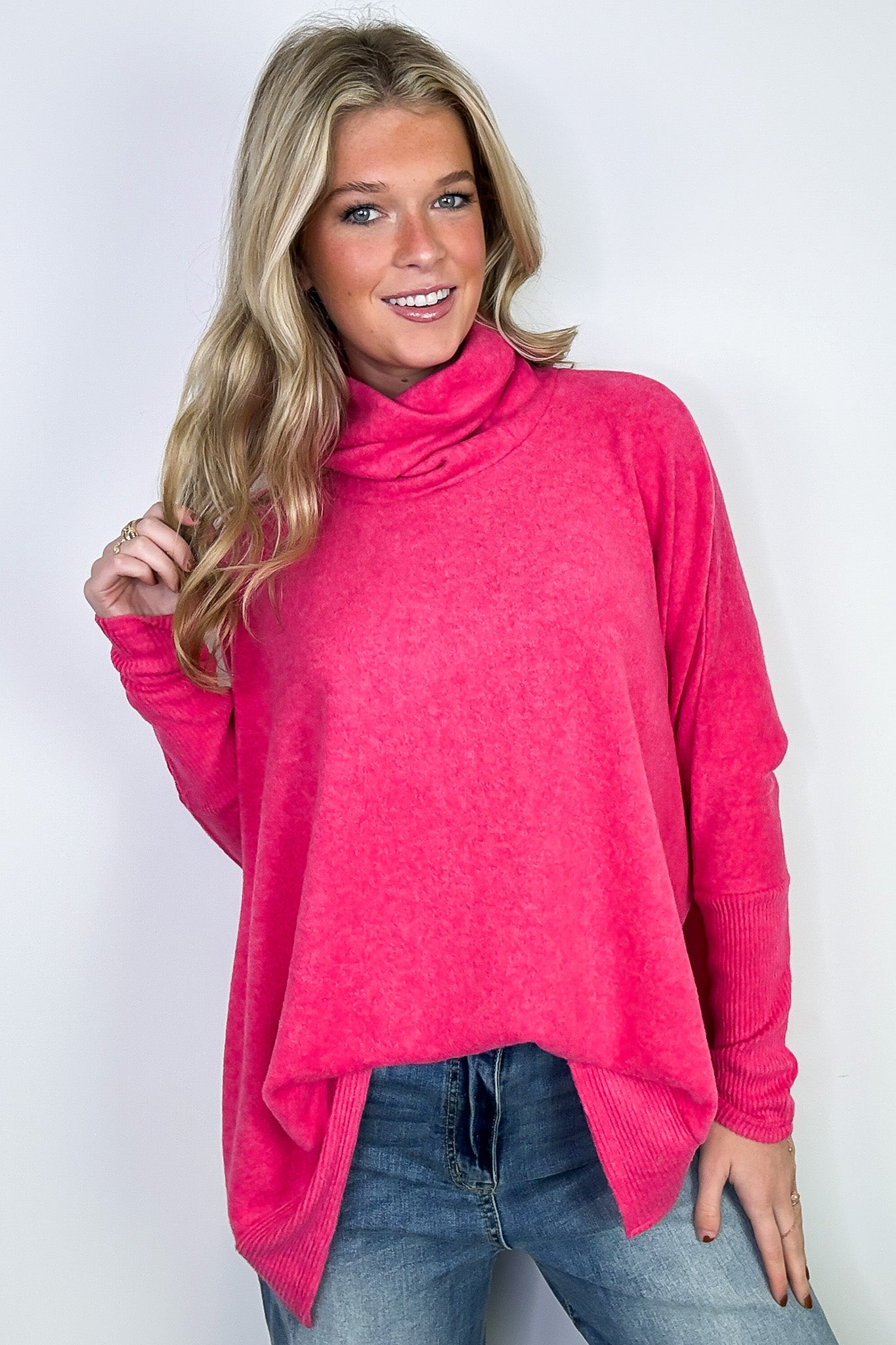 Hot Pink / SM Cozy Harmony Brushed Melange Knit Cowl Neck Poncho Sweater - FINAL SALE - Madison and Mallory