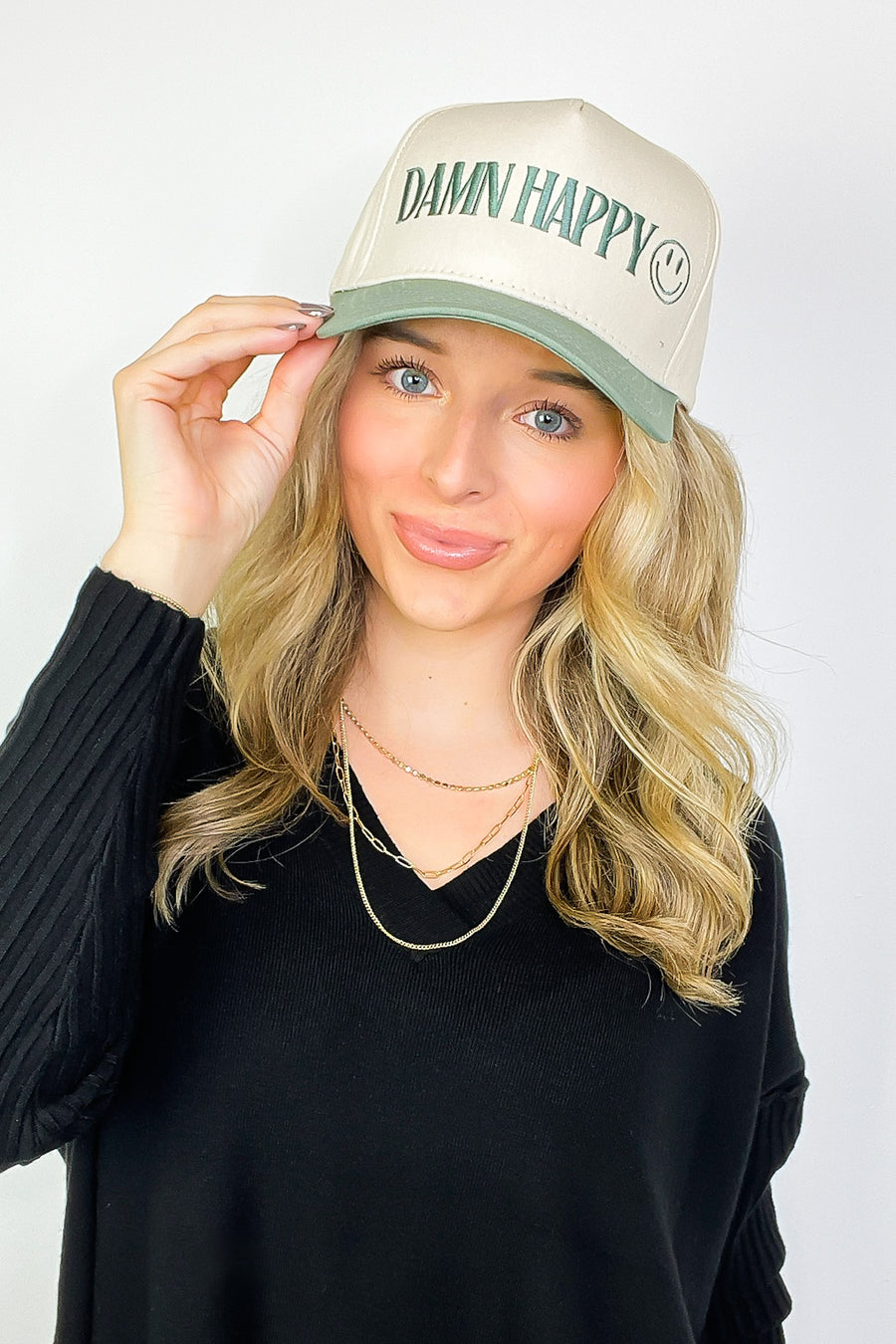 Sage/Natural DAMN HAPPY Graphic Snapback Hat - Madison and Mallory