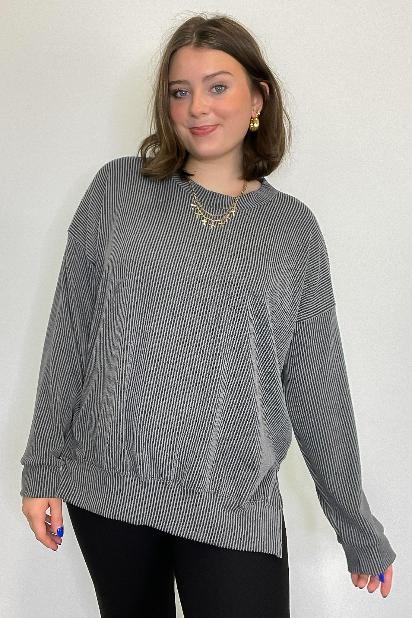 Dark Gray / SM Pressley Rib Knit Side Slit Pullover - BACK IN STOCK - Madison and Mallory