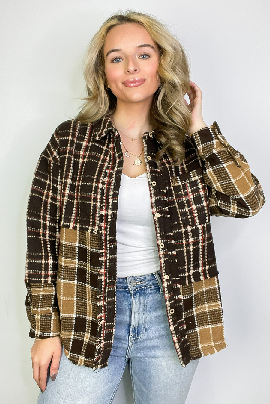 Choco / S Notoriously Cool Mixed Plaid Oversized Shacket - FINAL SALE - Madison and Mallory