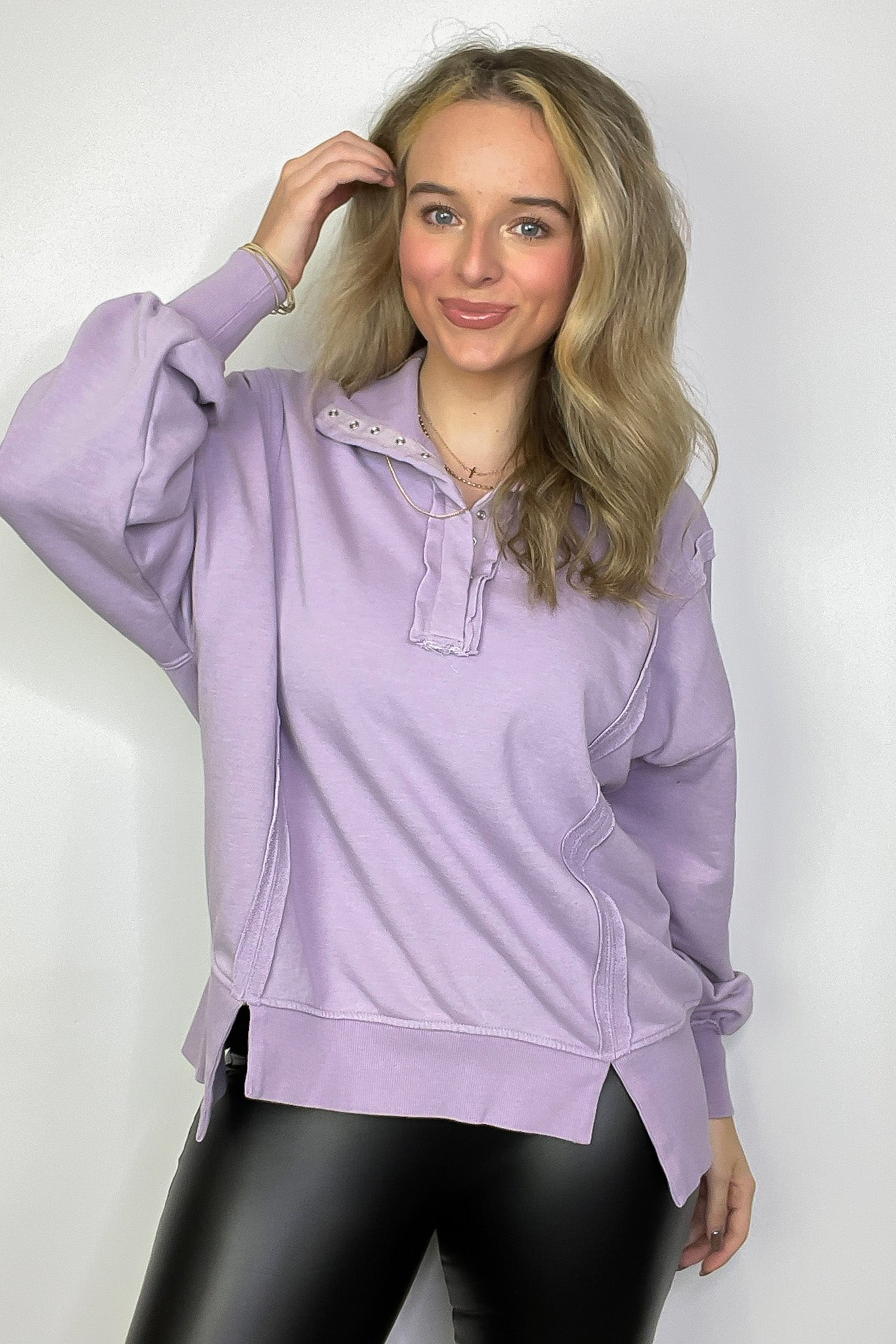 Dusty Lavender / S Christy Mineral Wash Henley Relaxed Pullover - FINAL SALE - Madison and Mallory