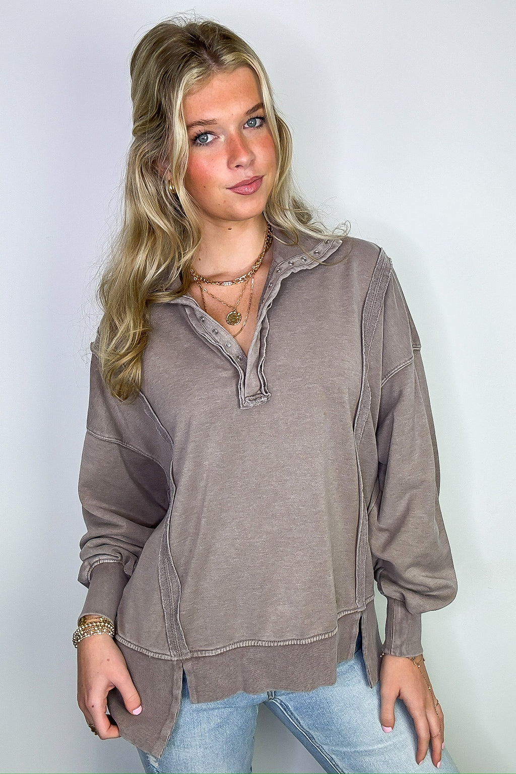 Mocha / S Christy Mineral Wash Henley Relaxed Pullover - FINAL SALE - Madison and Mallory