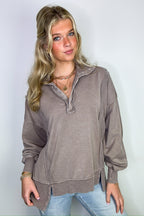 Mocha / S Christy Mineral Wash Henley Relaxed Pullover - FINAL SALE - Madison and Mallory