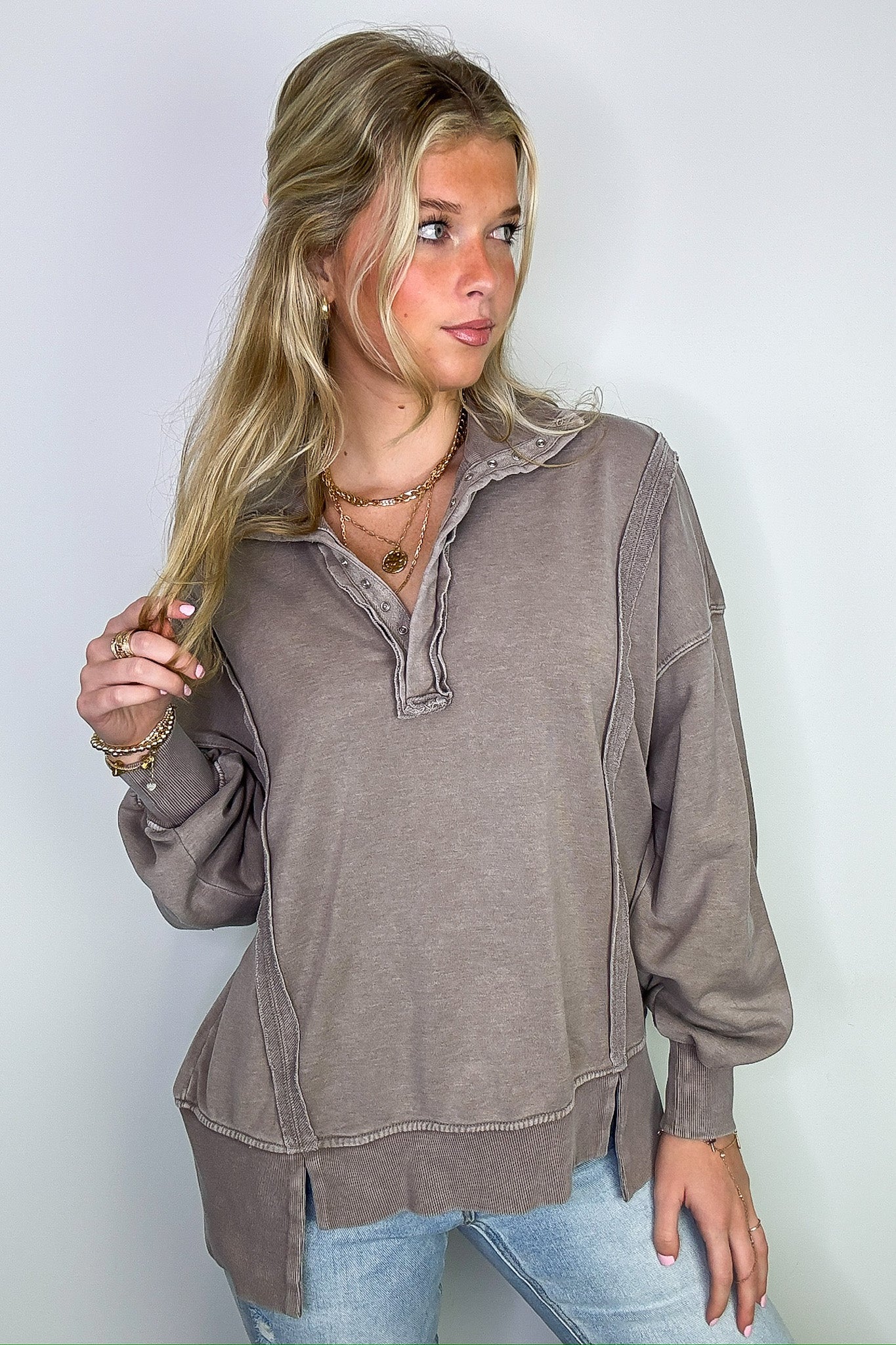 Christy Mineral Wash Henley Relaxed Pullover - FINAL SALE - Madison and Mallory