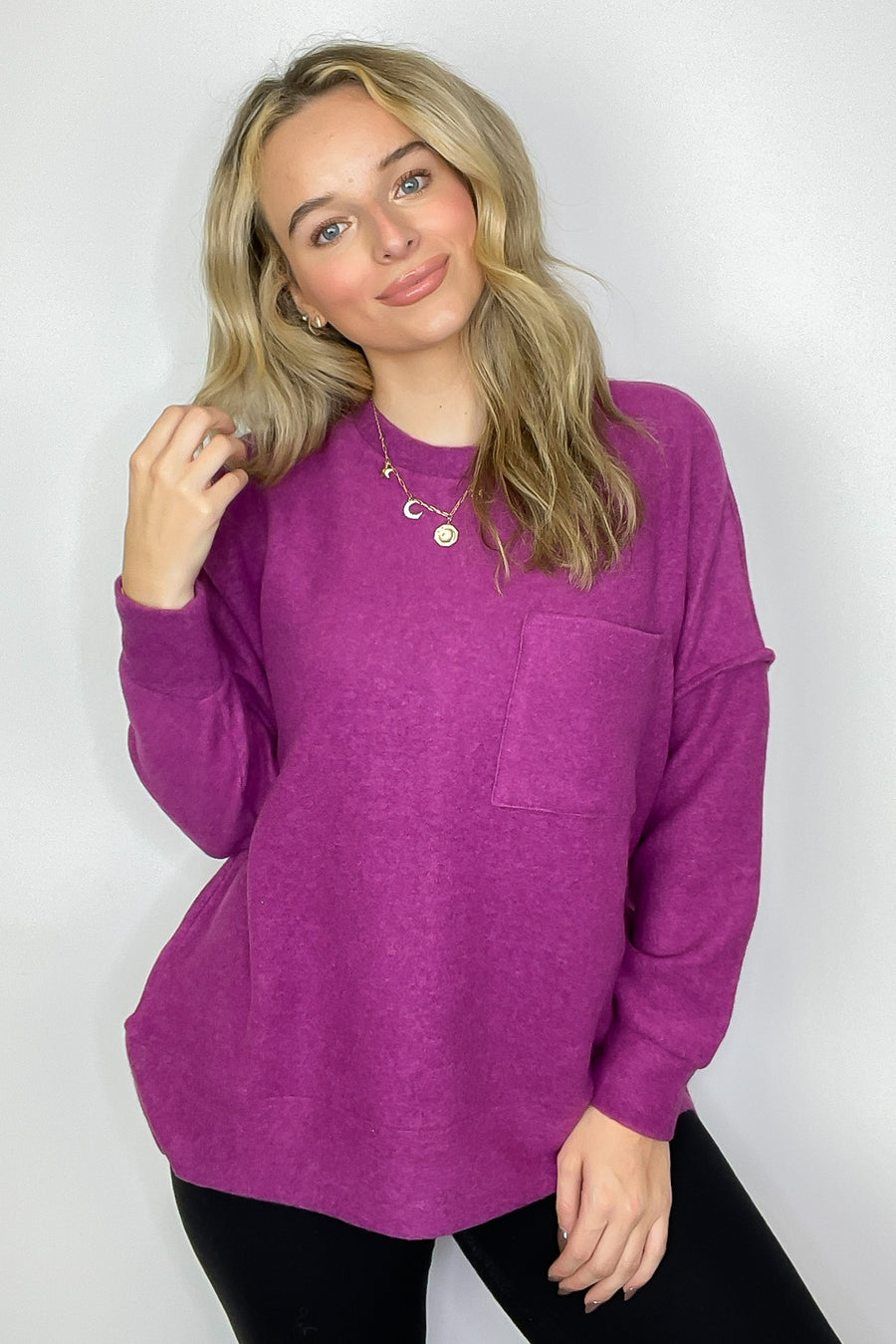 Light Plum / SM Noellie Brushed Melange Knit Pocket Pullover - Madison and Mallory