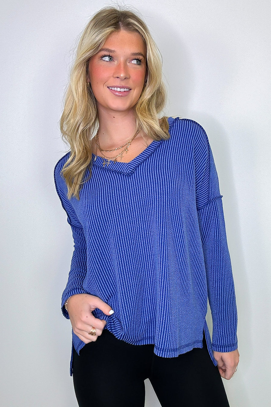 Classic Blue / SM Carolena Rib Knit V-Neck Top - Madison and Mallory