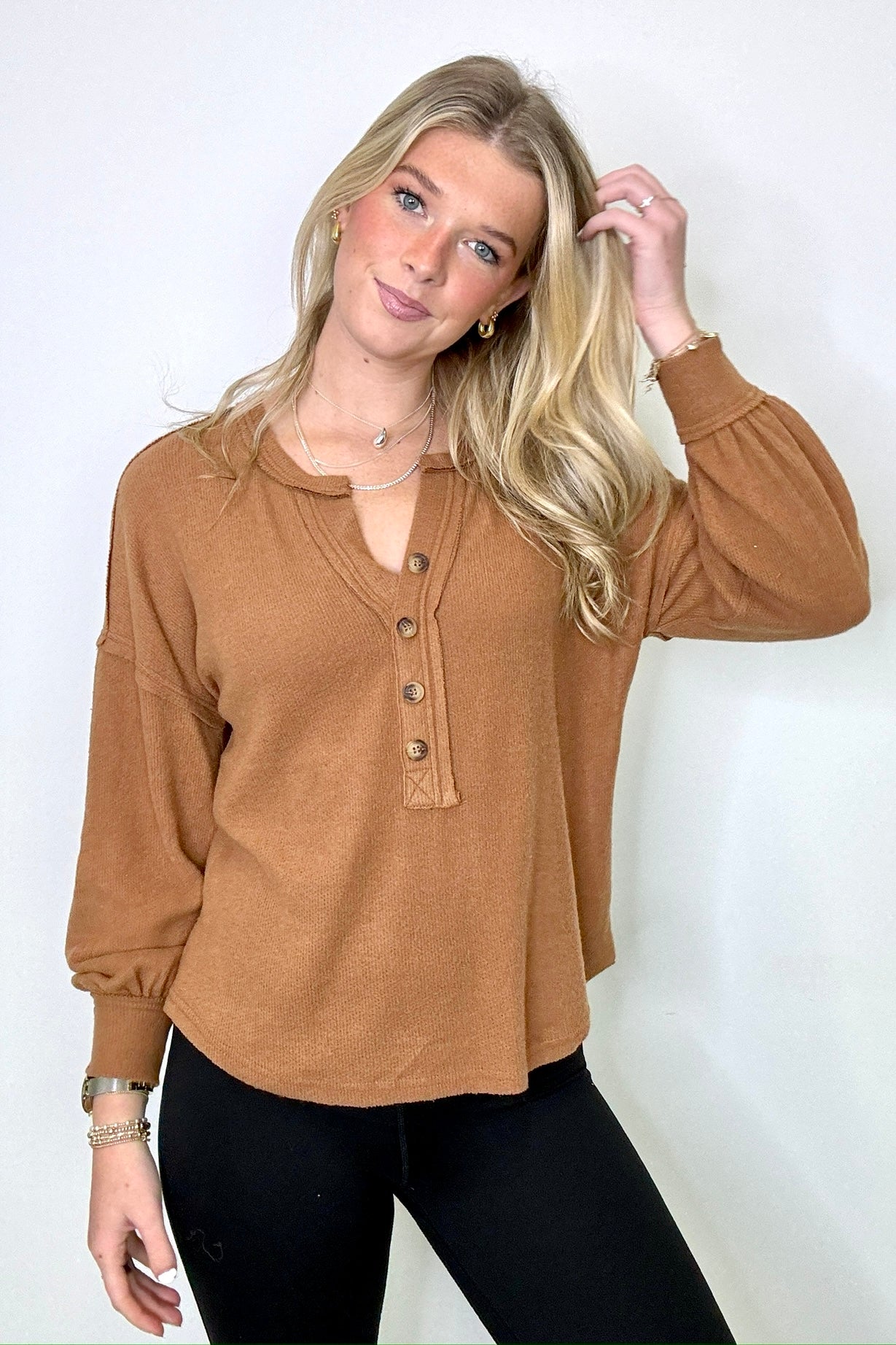 Hollyn V-Neck Henley Button Top - Madison and Mallory