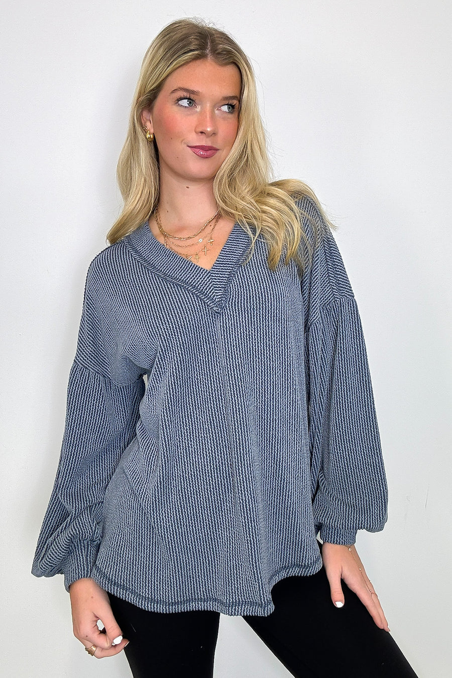 Denim / S Breanne Rib Knit V-Neck Top - Madison and Mallory