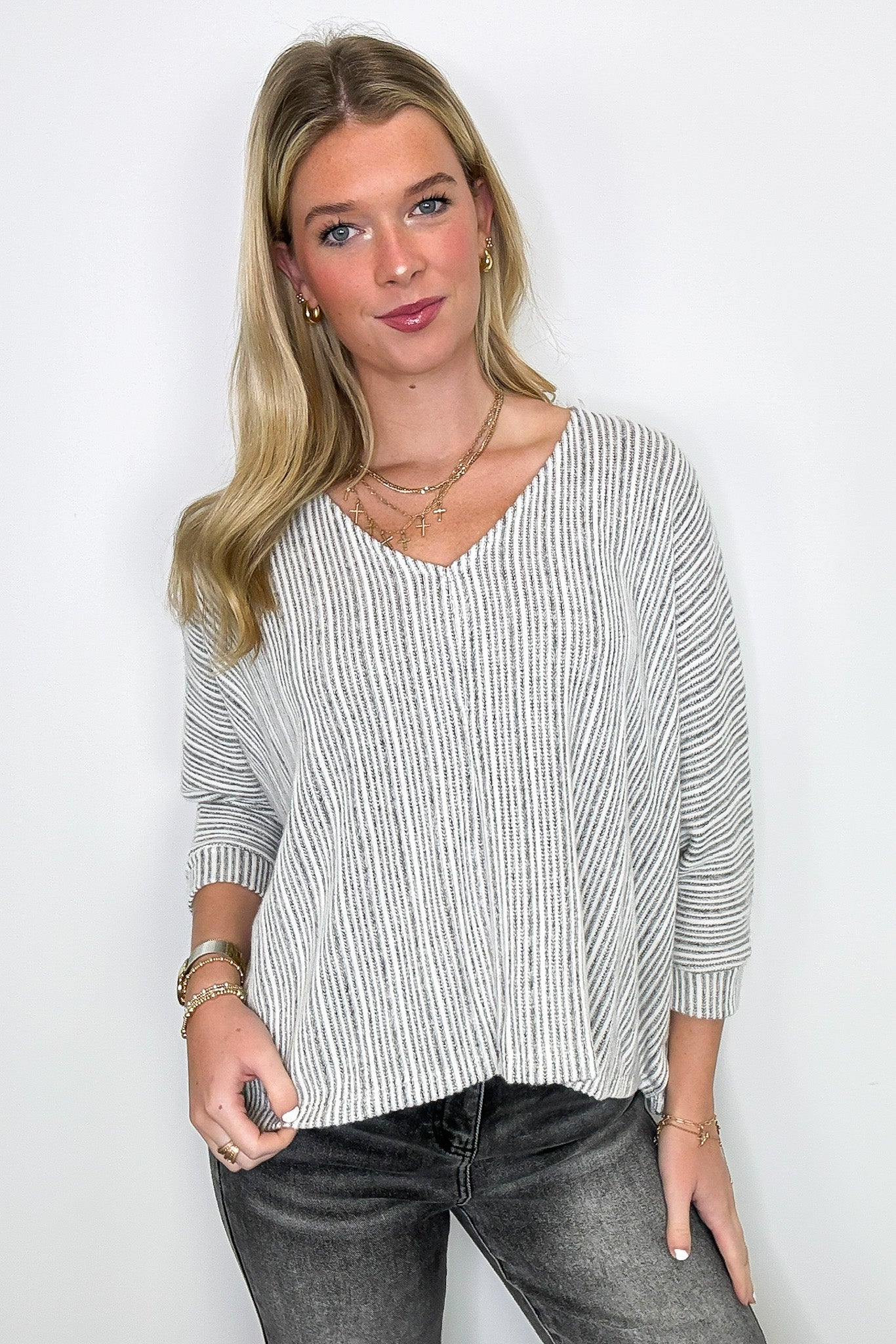 Katie V-Neck Textured Stripe Top - Madison and Mallory
