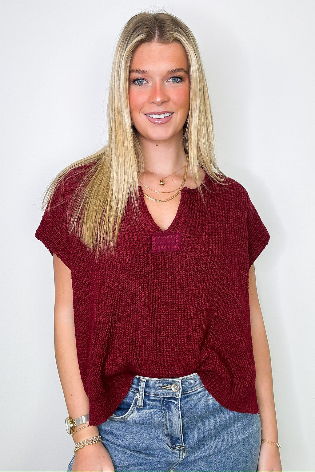 Cabernet / SM Necessary Charm V-Neck Side Slit Knit Top - Madison and Mallory