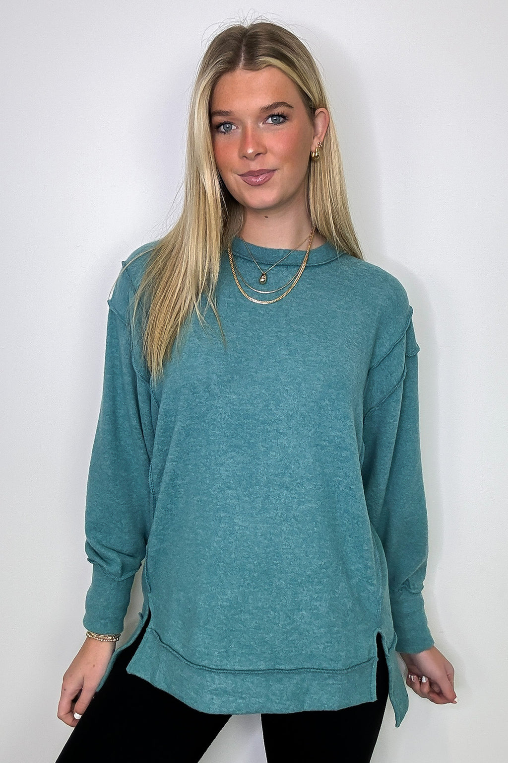 Dusty Teal / SM Cyndee Hacci Knit Oversized Pullover - Madison and Mallory