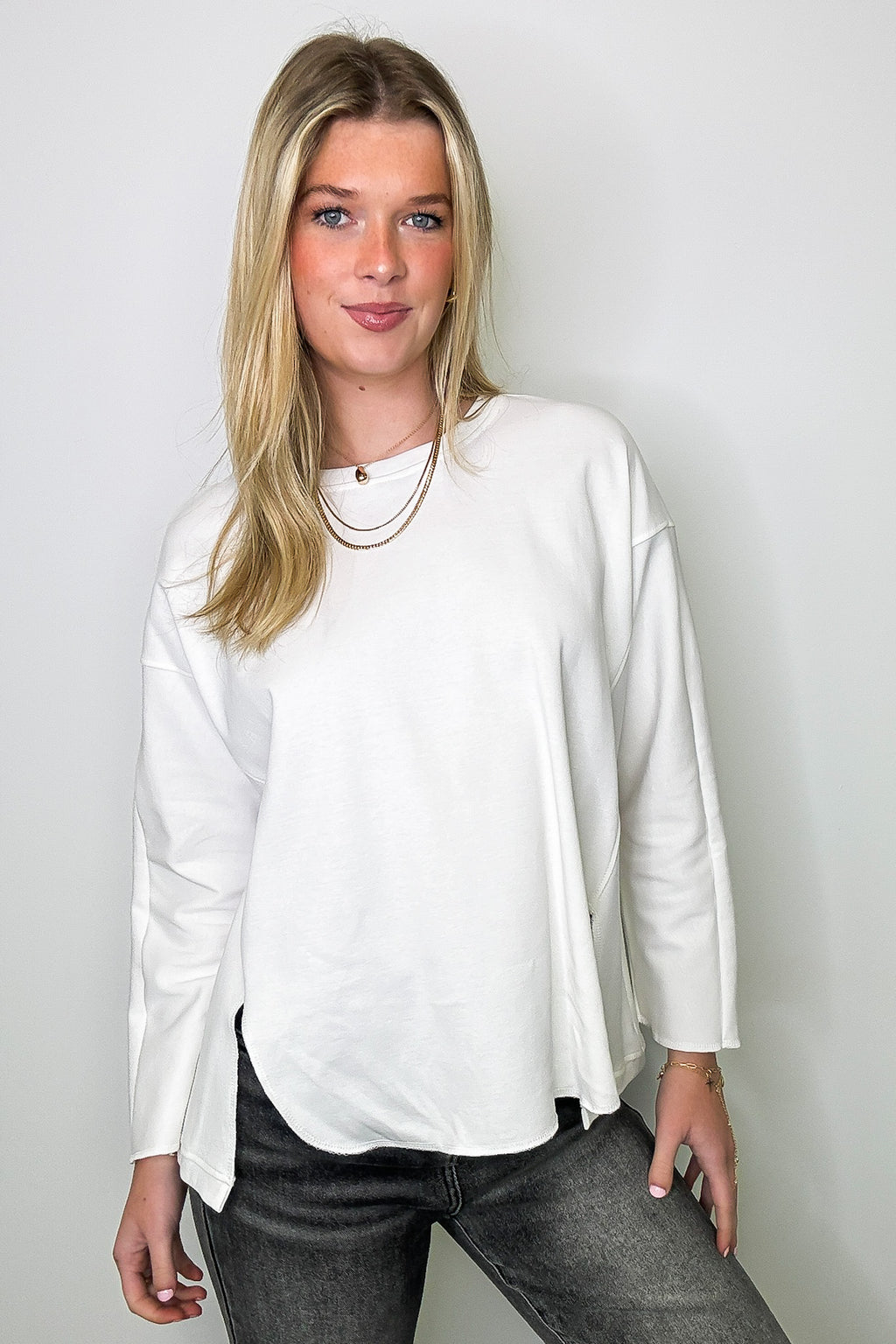 White / S Madelyn Round Neck Side Slit Top - Madison and Mallory