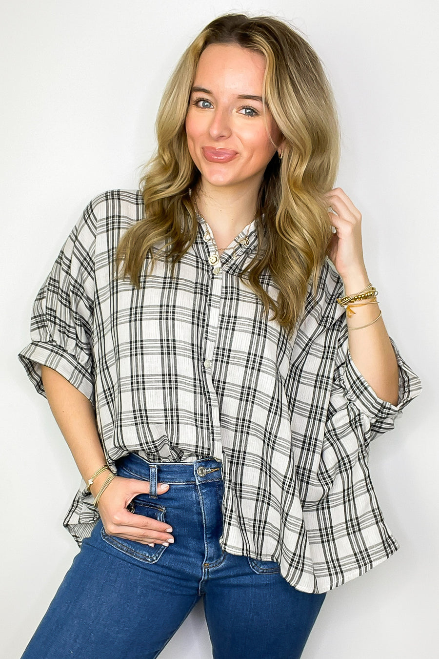 Black/Off White / SM Zoe Plaid Dolman Sleeve Top - FINAL SALE - Madison and Mallory