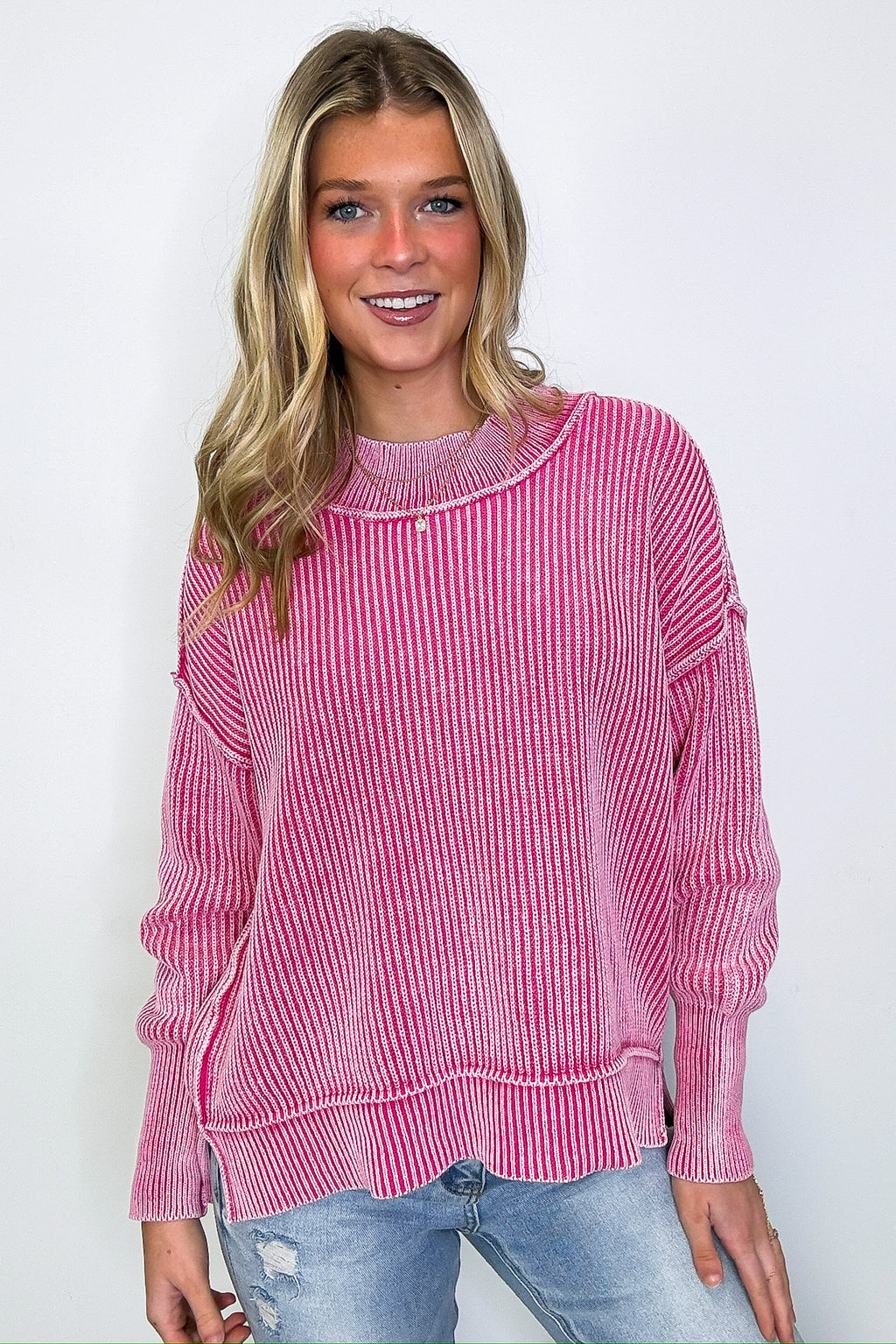 Fuchsia / SM Tara Washed Side Slit Knit Sweater - Madison and Mallory