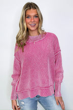 Fuchsia / SM Tara Washed Side Slit Knit Sweater - Madison and Mallory