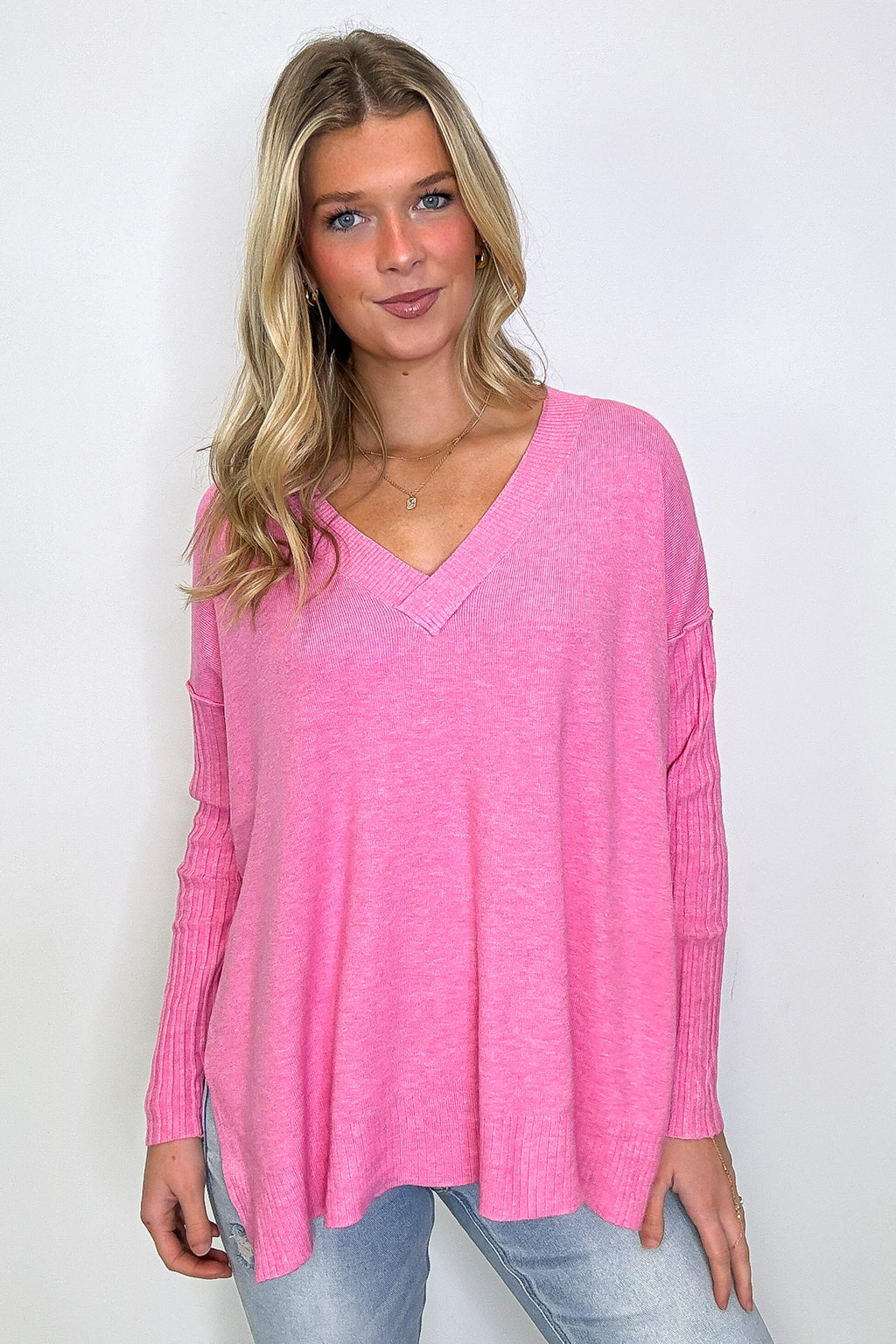 Heather Candy Pink / SM Sophie V-Neck Ribbed Hem Sweater - FINAL SALE - Madison and Mallory