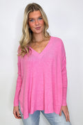 Heather Candy Pink / SM Sophie V-Neck Ribbed Hem Sweater - FINAL SALE - Madison and Mallory