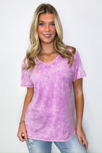 Soleil Acid Wash V-Neck Relaxed Fit Top - BACK IN STOCK