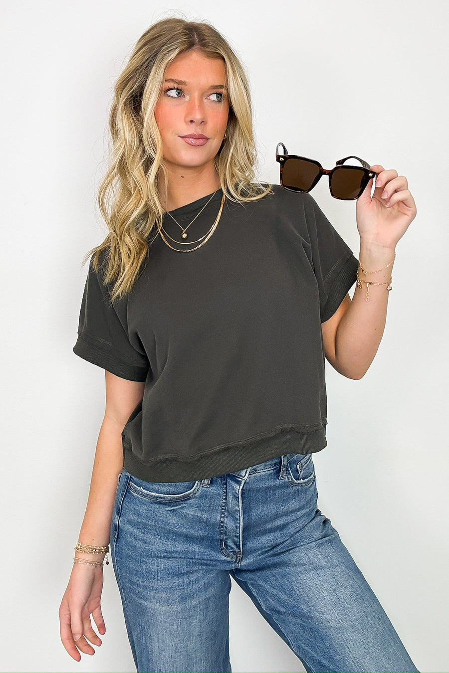 Dark Gray / S Corie Crewneck Short Sleeve Top - Madison and Mallory