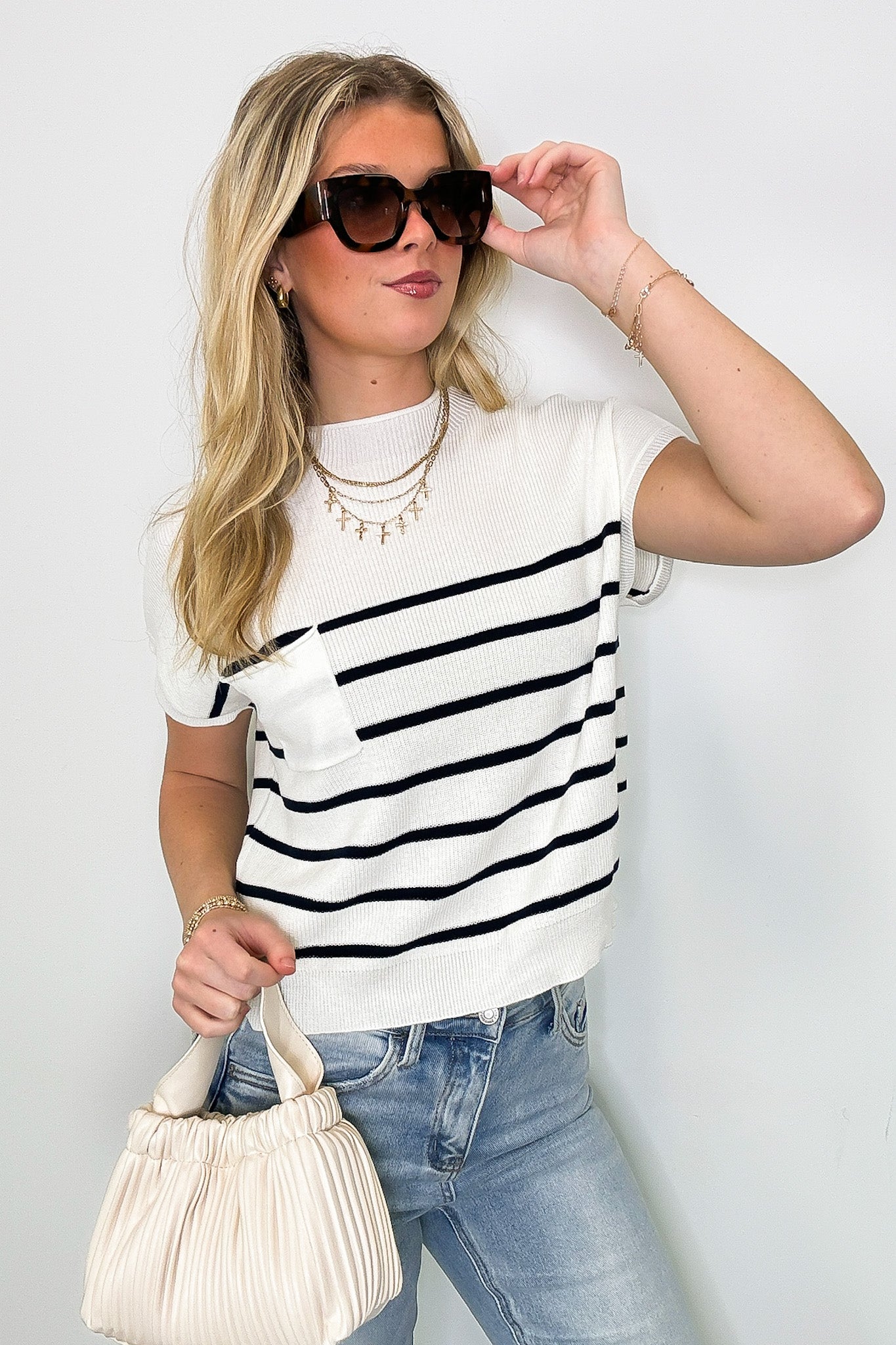 White/Navy / S Anika Short Sleeve Striped Knit Top - Madison and Mallory