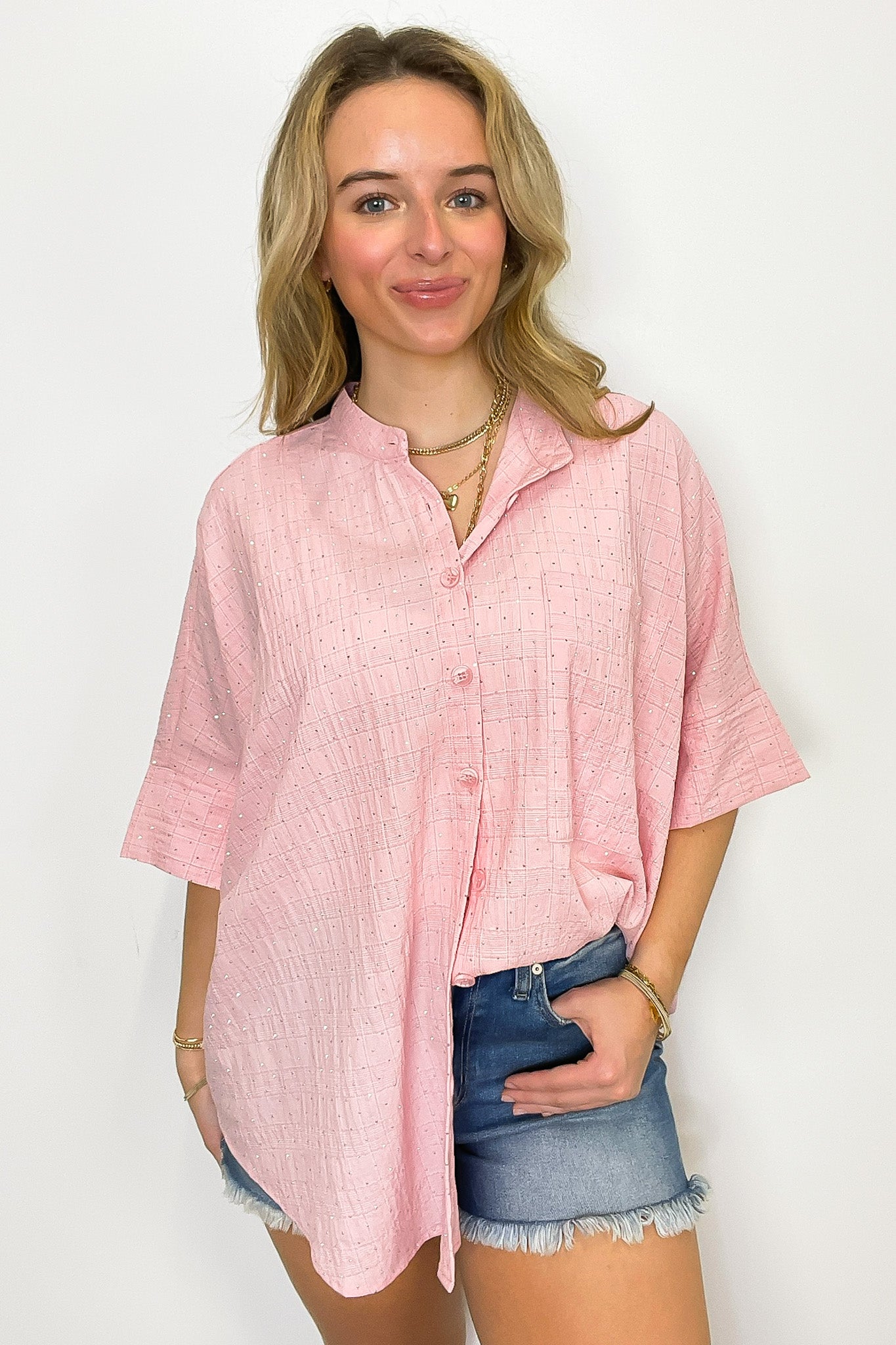 Pink / S Crowd Pleaser Rhinestone Embellished Button Down Top - FINAL SALE - Madison and Mallory