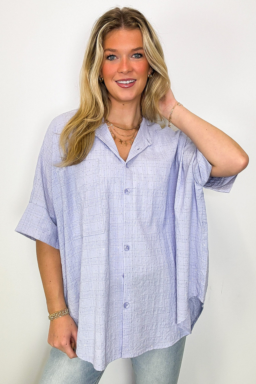 Crowd Pleaser Rhinestone Embellished Button Down Top - FINAL SALE - Madison and Mallory