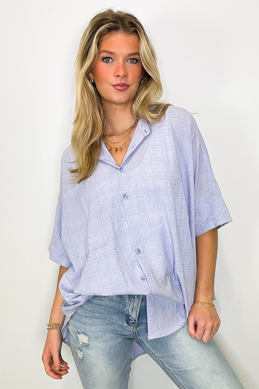 Blue / S Crowd Pleaser Rhinestone Embellished Button Down Top - FINAL SALE - Madison and Mallory