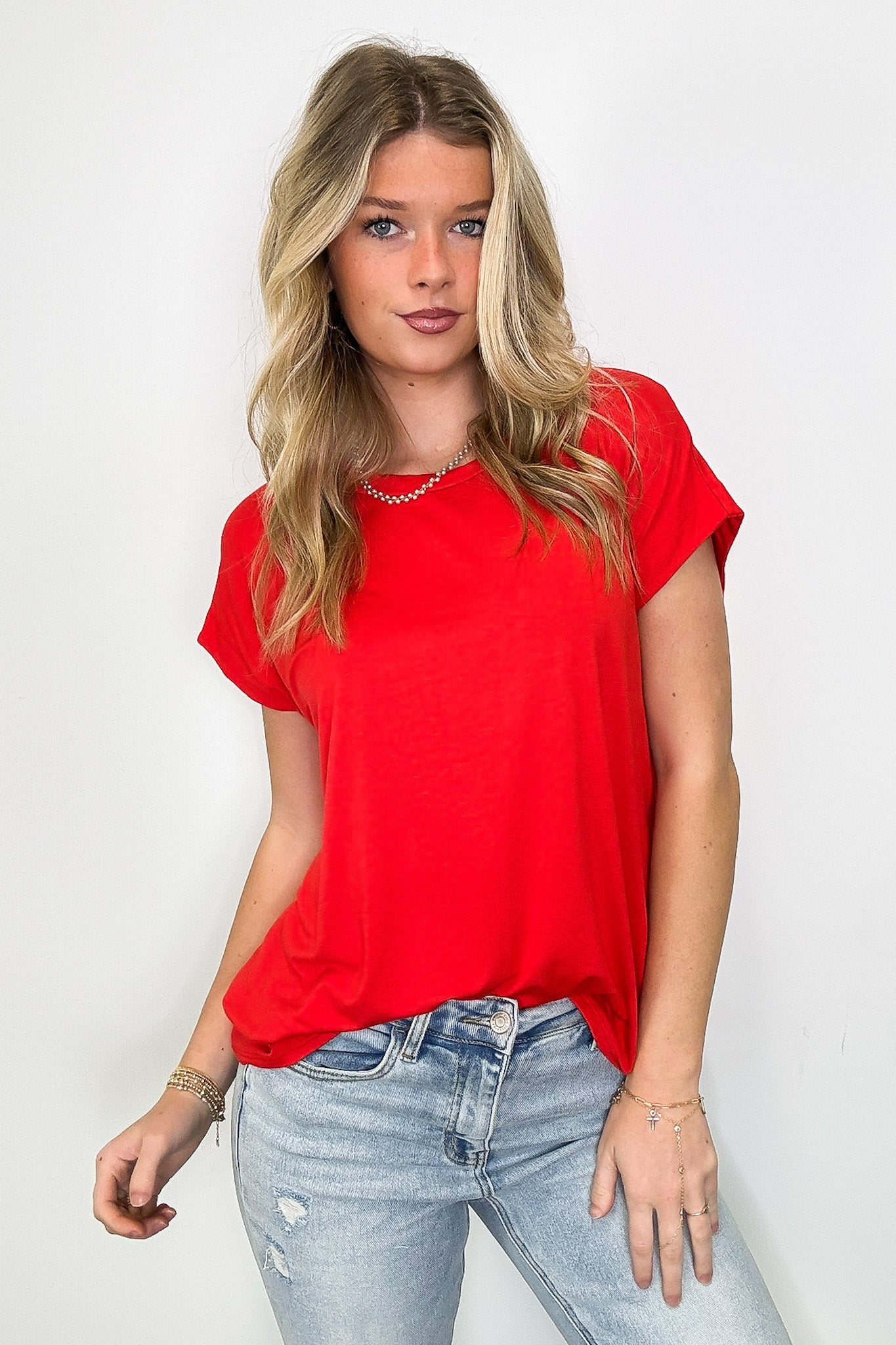 Tomato / S Camielle Round Neck Short Sleeve Top - Madison and Mallory