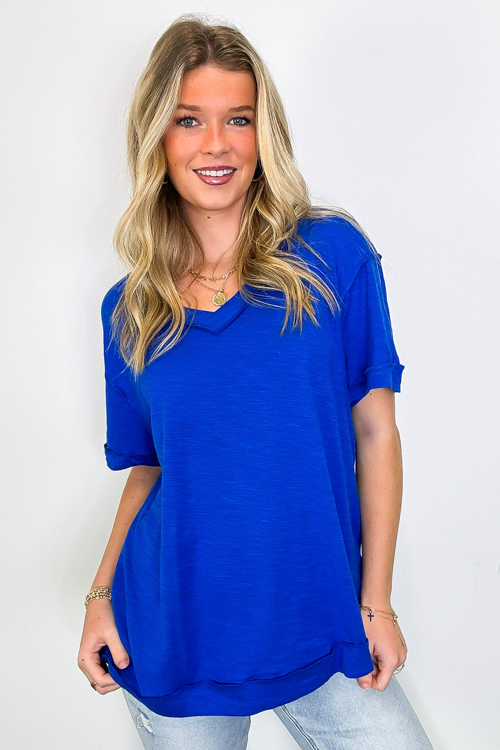 Royal Blue / S Retro Pop Relaxed V-Neck Short Sleeve Top - Madison and Mallory