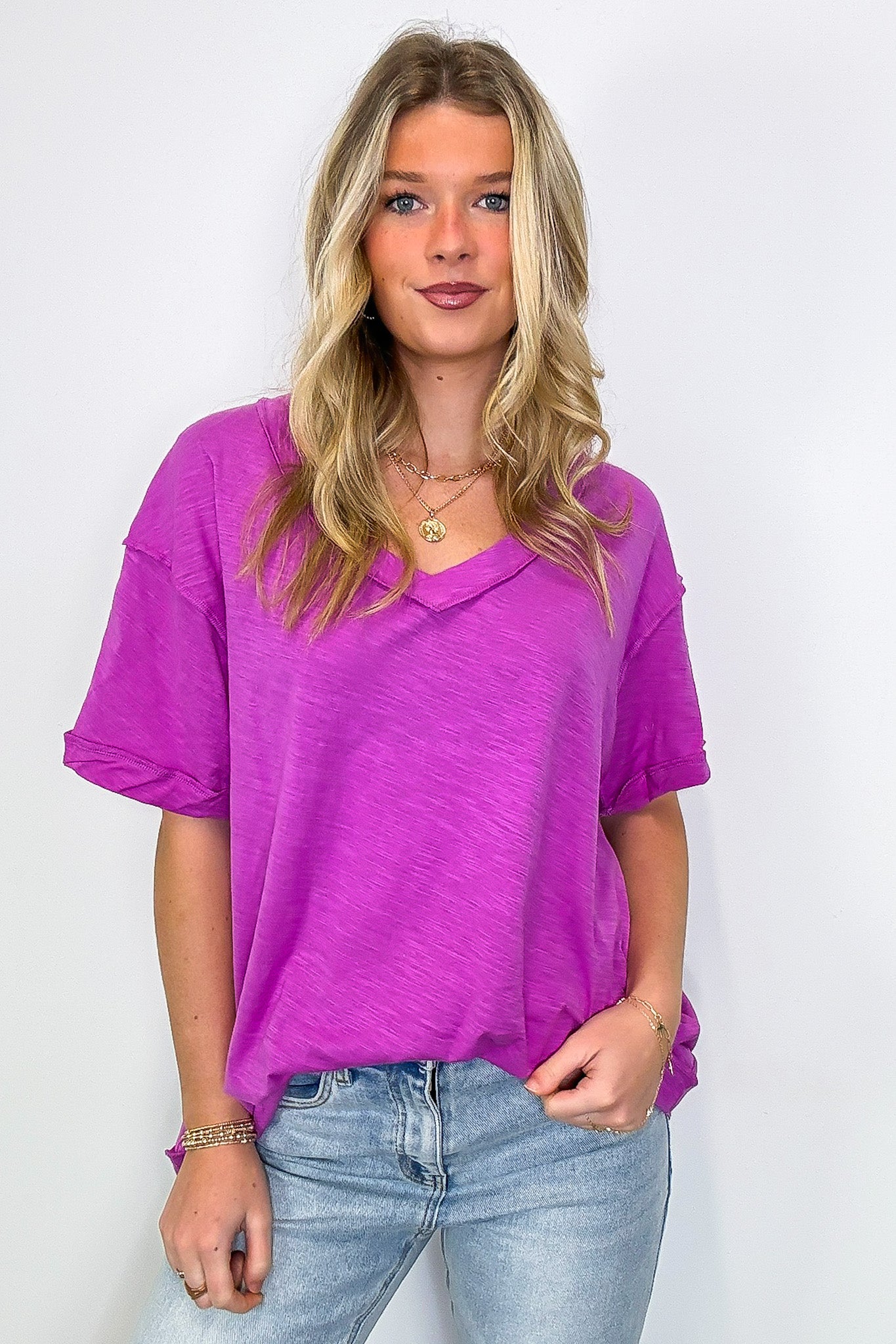 Retro Pop Relaxed V-Neck Short Sleeve Top - Madison and Mallory