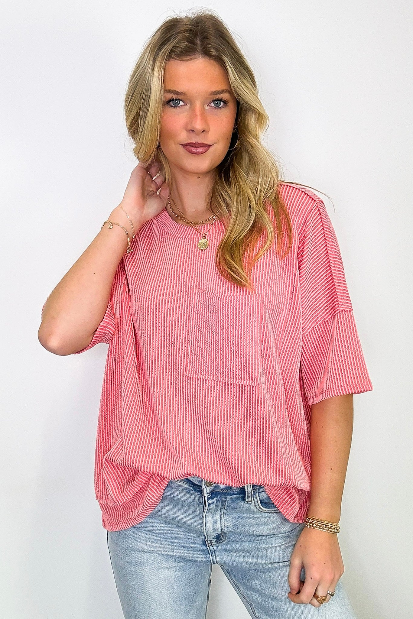 Go With It Raw Edge Relaxed Pocket Top - Madison and Mallory