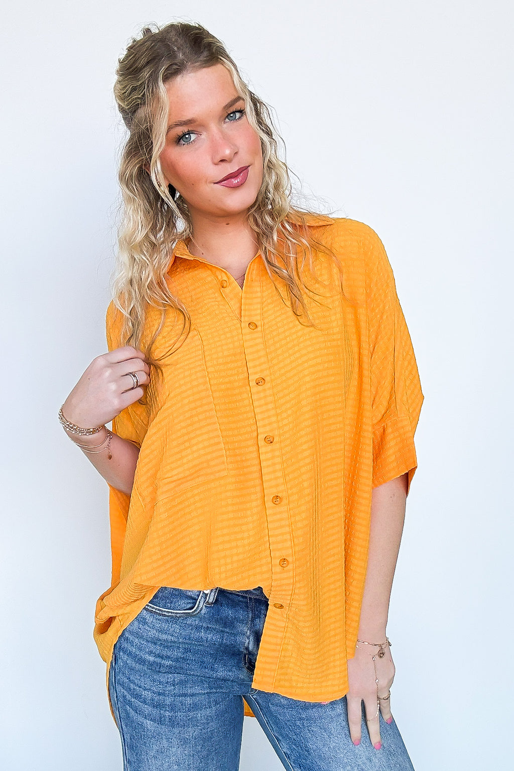 Sunrise Orange / S Ayla Textured Knit Button Down Top - FINAL SALE - Madison and Mallory