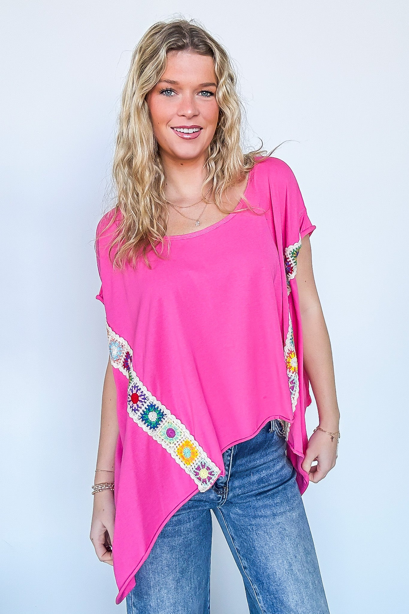 Pink / S Liz Crochet Trim Batwing Top - BACK IN STOCK - Madison and Mallory