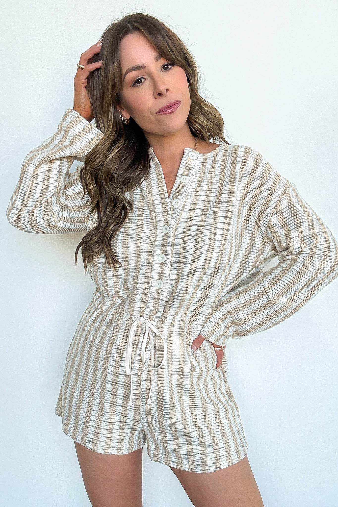 S / Sand Stripe Relaxed Attitude Knit Striped Romper - FINAL SALE - Madison and Mallory