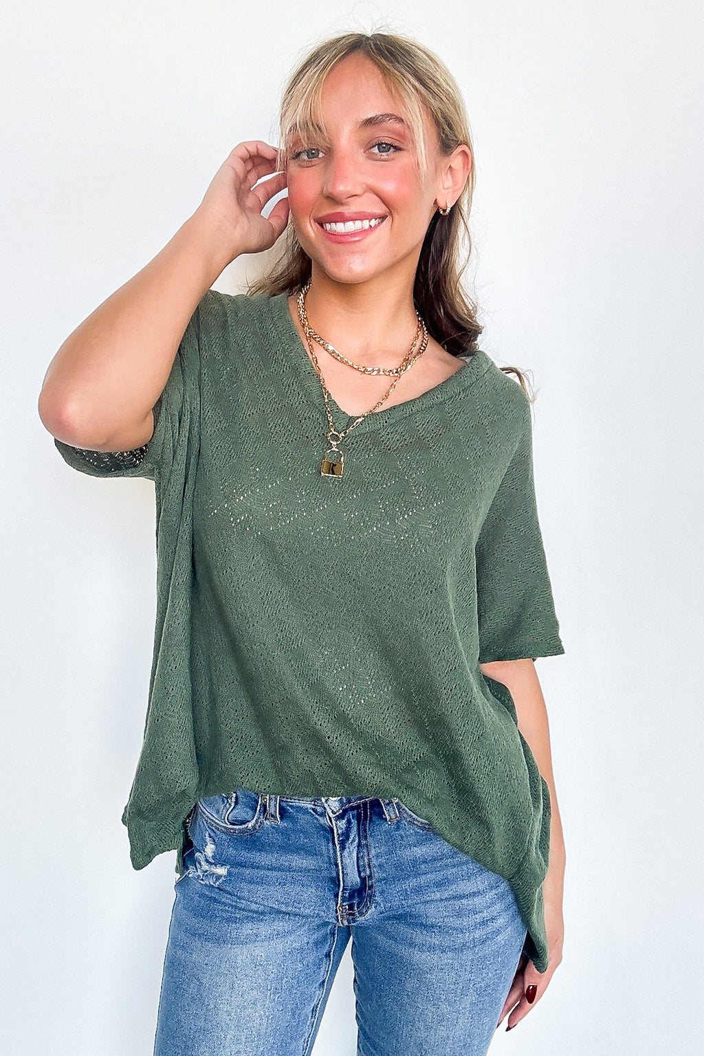 Olive / S Lanai V-Neck Crochet Top - Madison and Mallory