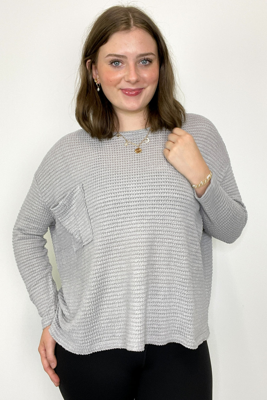 Lorenah Drop Shoulder Waffle Knit Pocket Top - FINAL SALE - Madison and Mallory