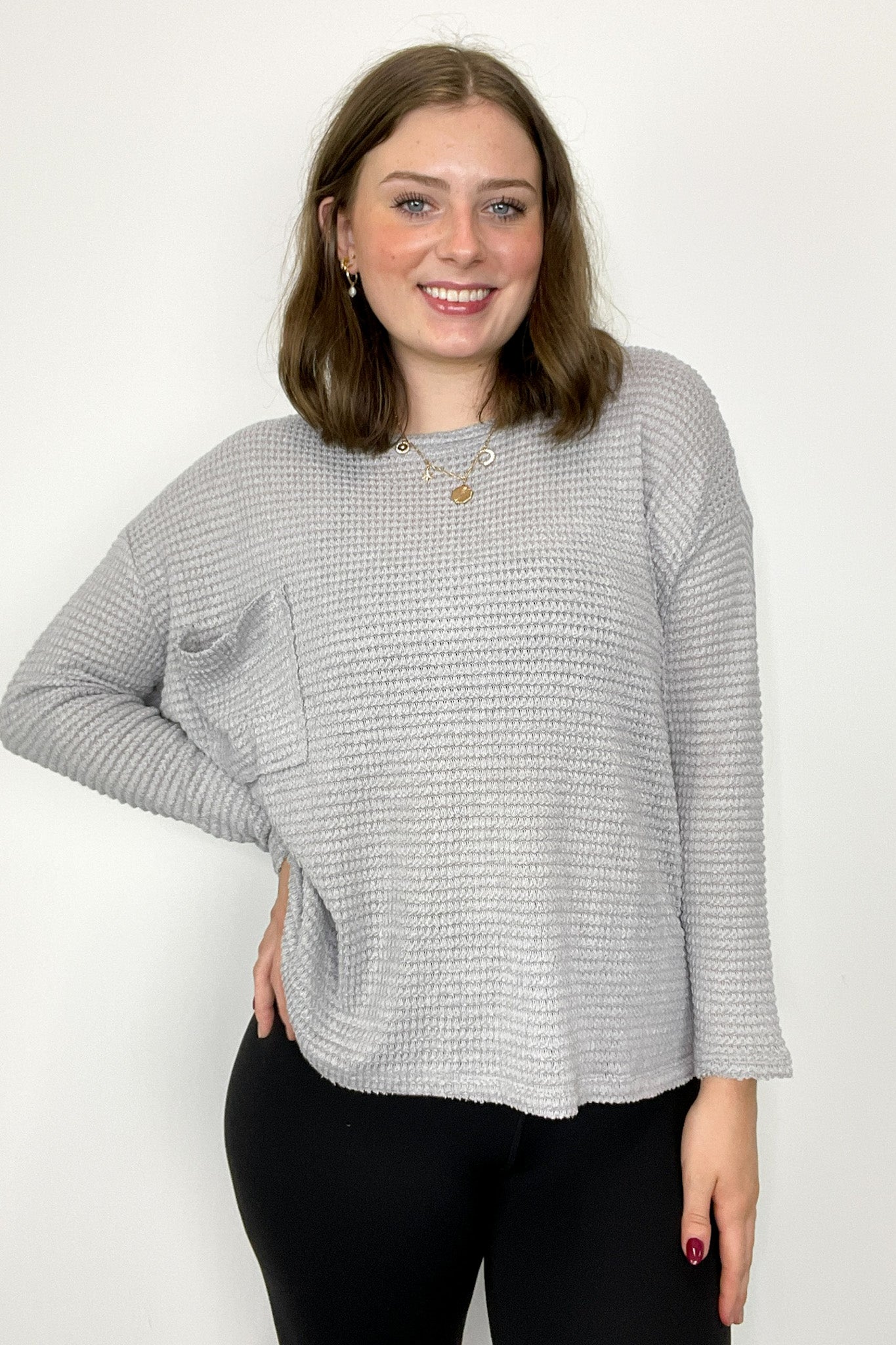 Gray / SM Lorenah Drop Shoulder Waffle Knit Pocket Top - Madison and Mallory