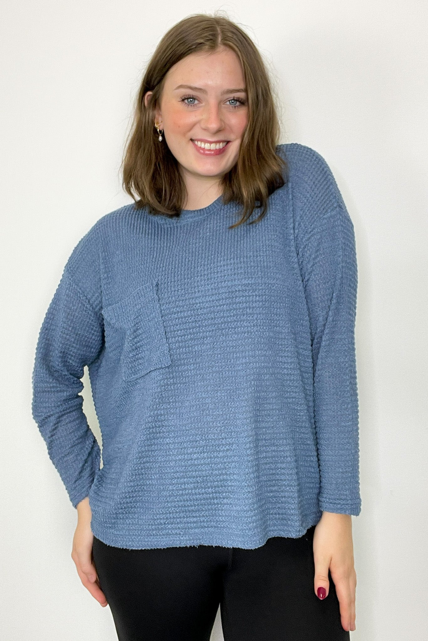 Dusty Blue / SM Lorenah Drop Shoulder Waffle Knit Pocket Top - Madison and Mallory