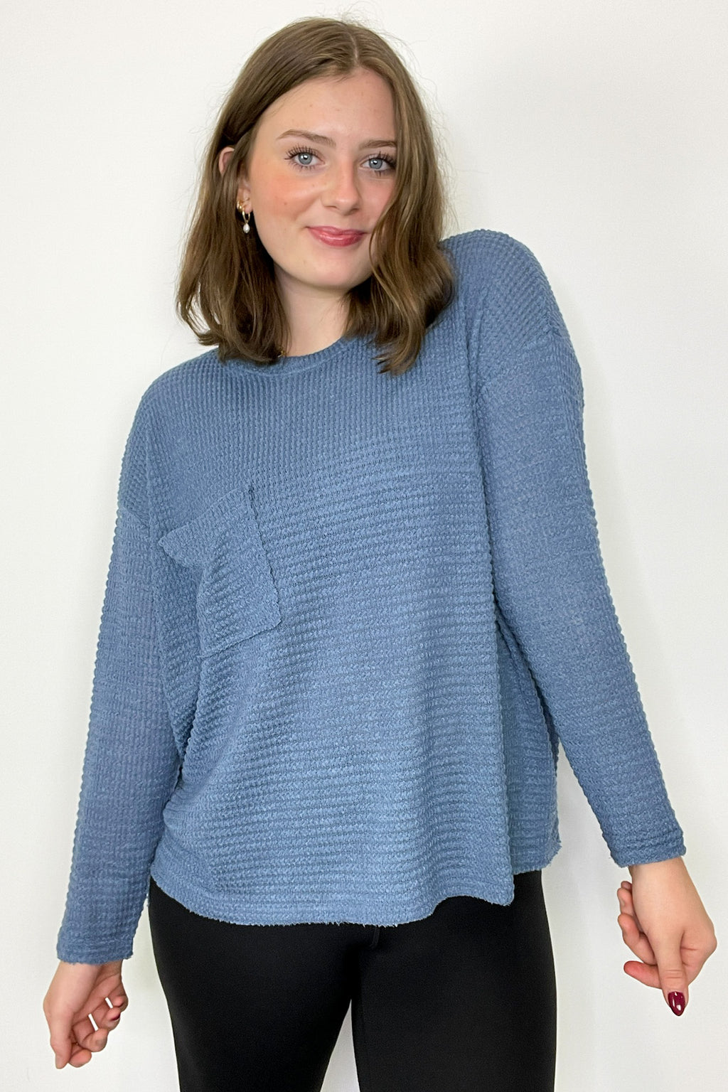 Lorenah Drop Shoulder Waffle Knit Pocket Top - FINAL SALE - Madison and Mallory