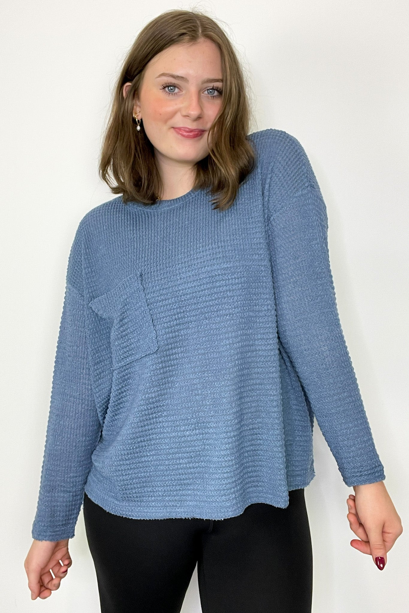  Lorenah Drop Shoulder Waffle Knit Pocket Top - Madison and Mallory