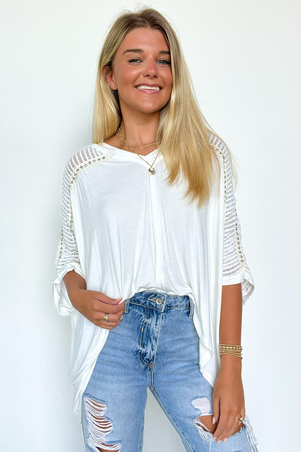 Ivory / S Cristina Oversized Crochet Lace Contrast Top - Madison and Mallory