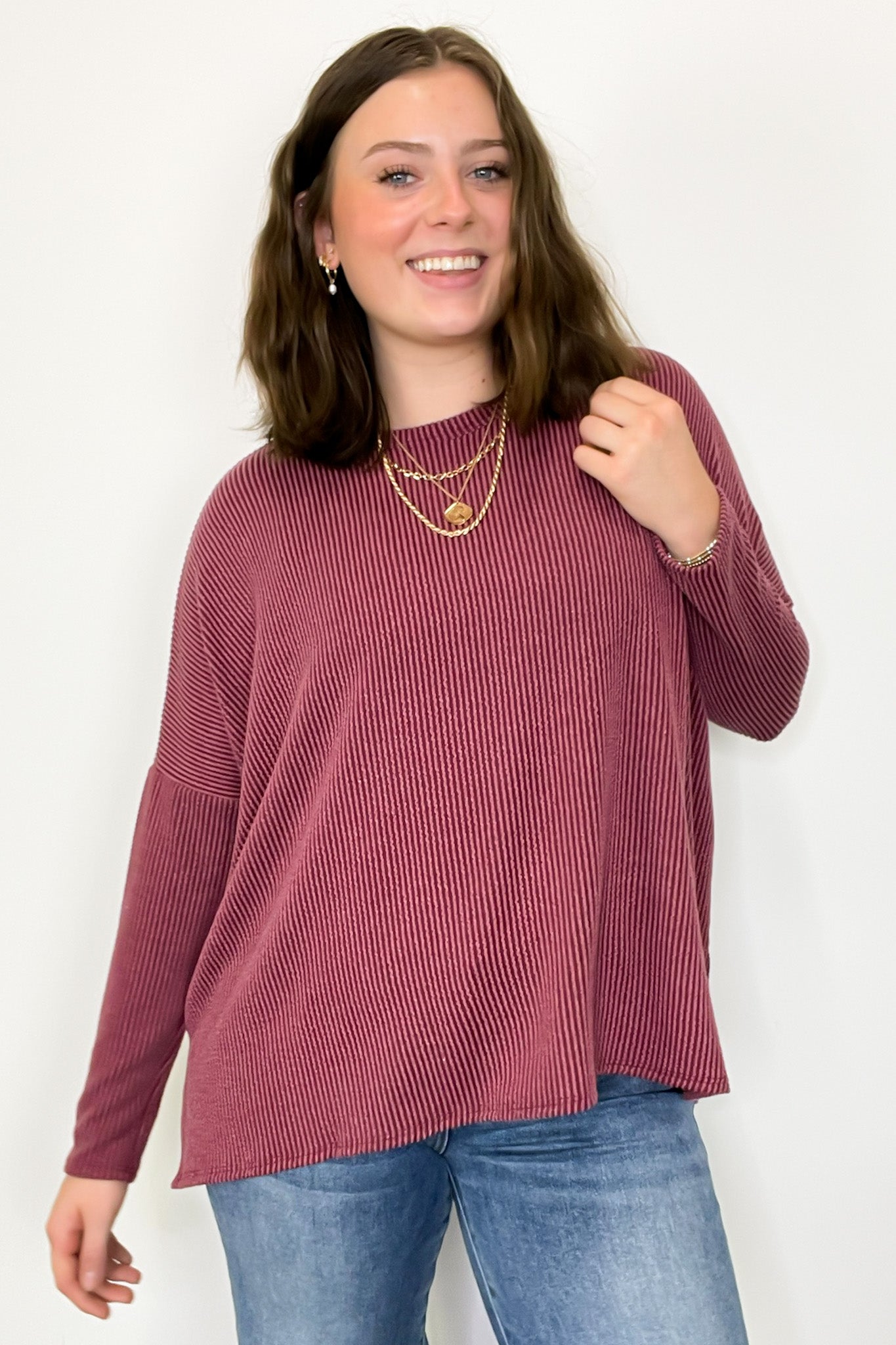 Burgundy / S Cozy Bliss Long Sleeve Ribbed Knit Oversized Top - Madison and Mallory