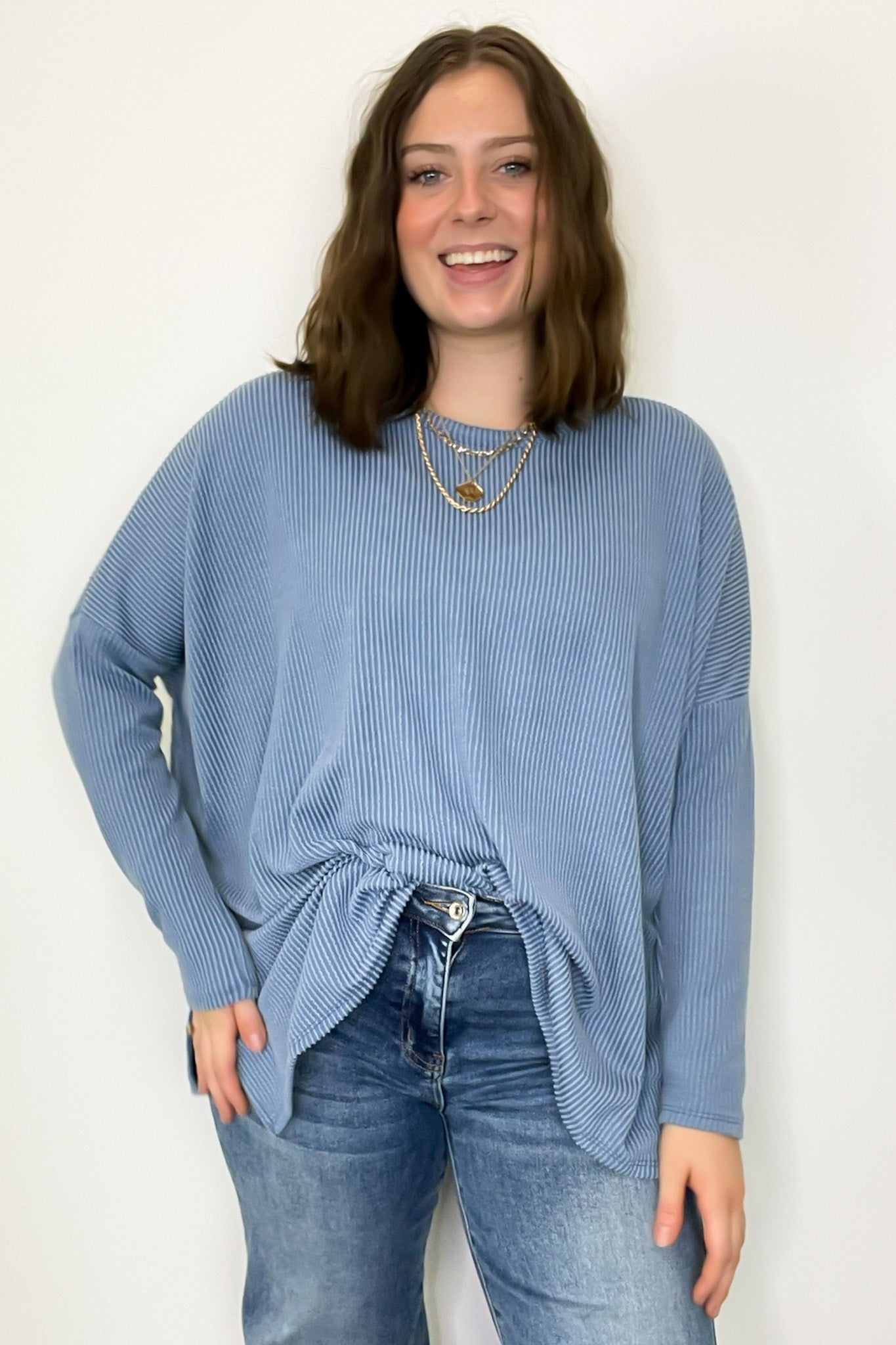 Denim Vintage / S Cozy Bliss Long Sleeve Ribbed Knit Oversized Top - Madison and Mallory