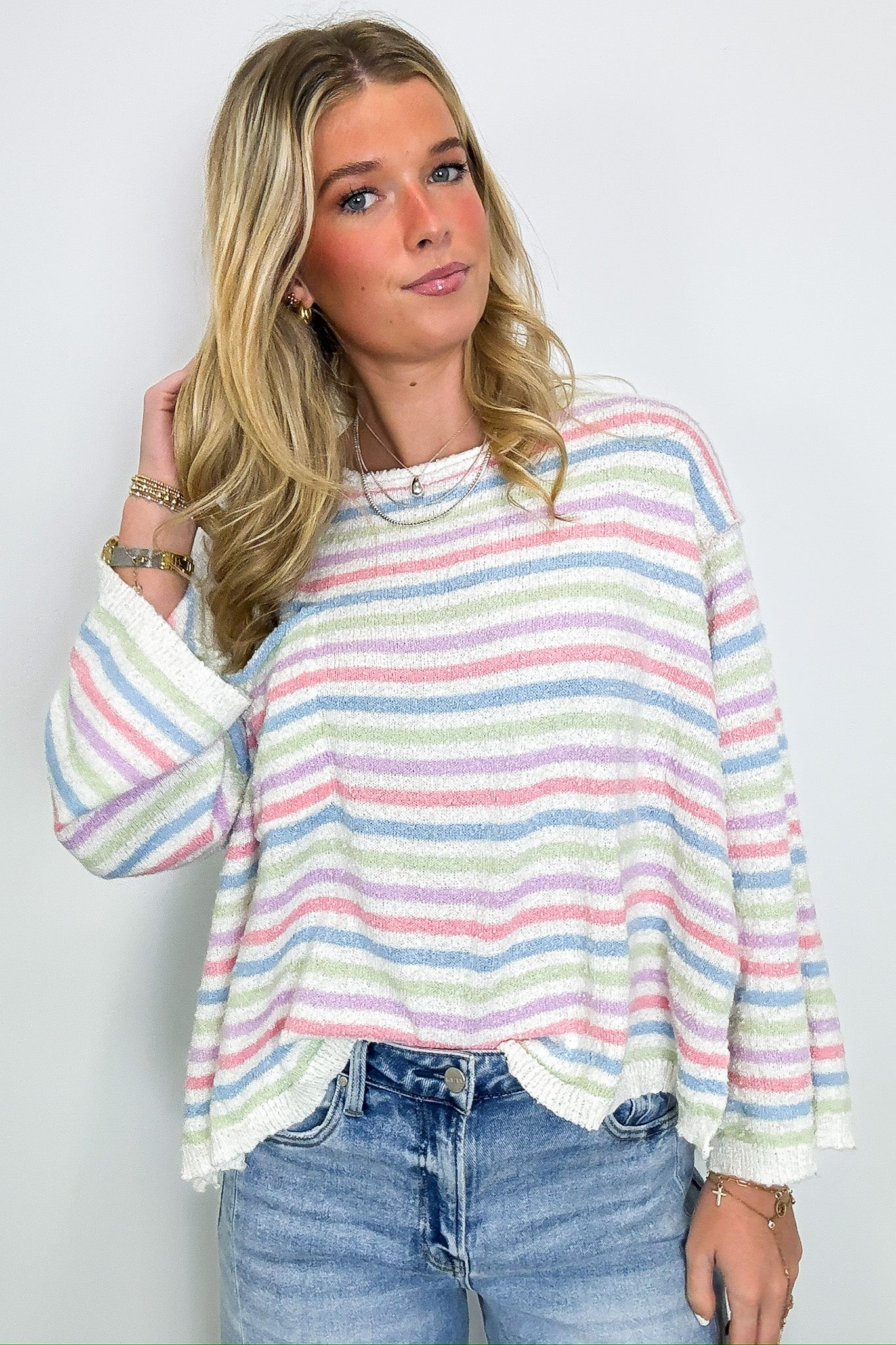 Dreamscape Striped Raw Edge Knit Sweater - Madison and Mallory