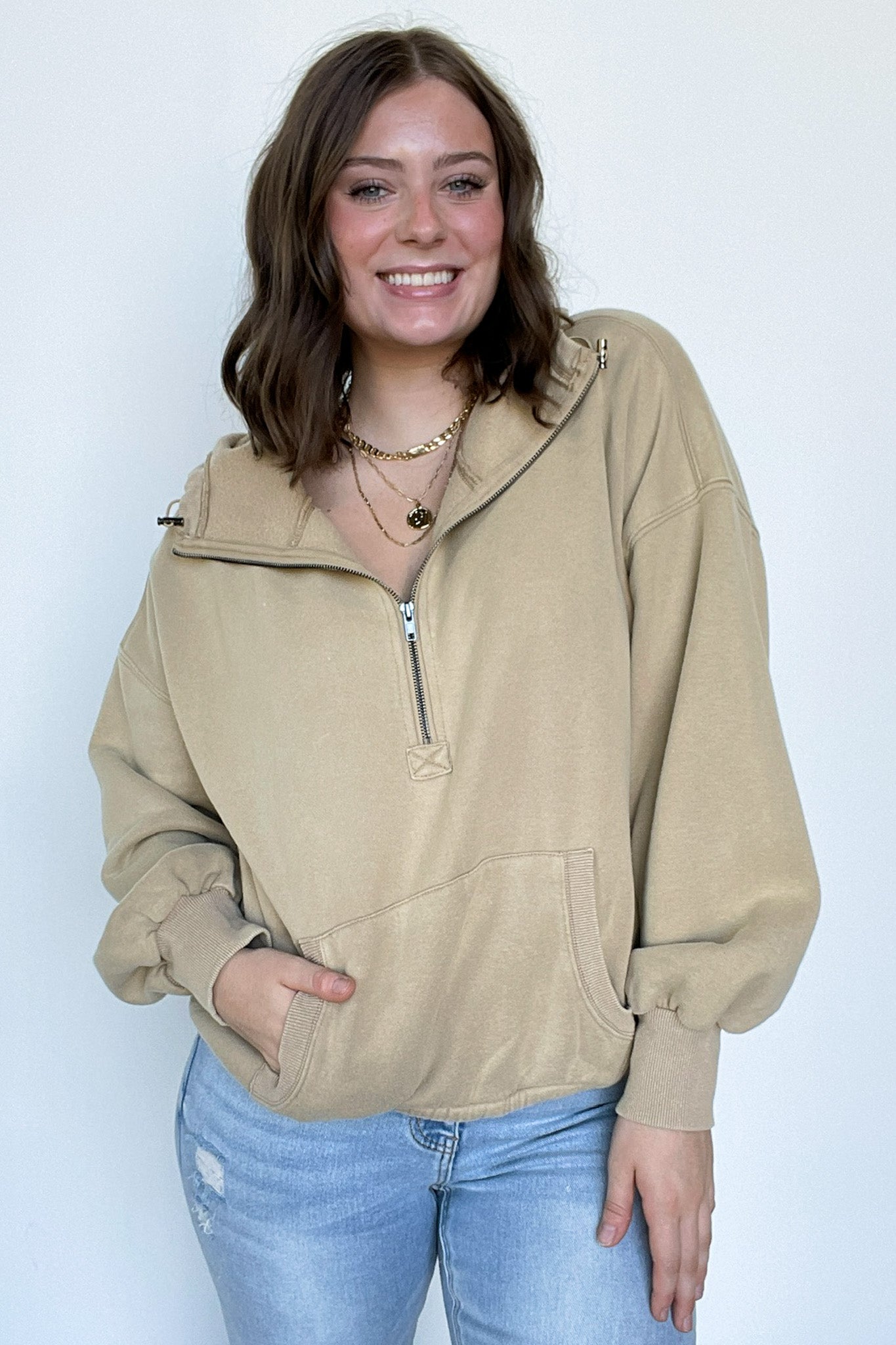 Taupe / S Maci Elastic Hem Half Zip Hooded Pullover - Madison and Mallory