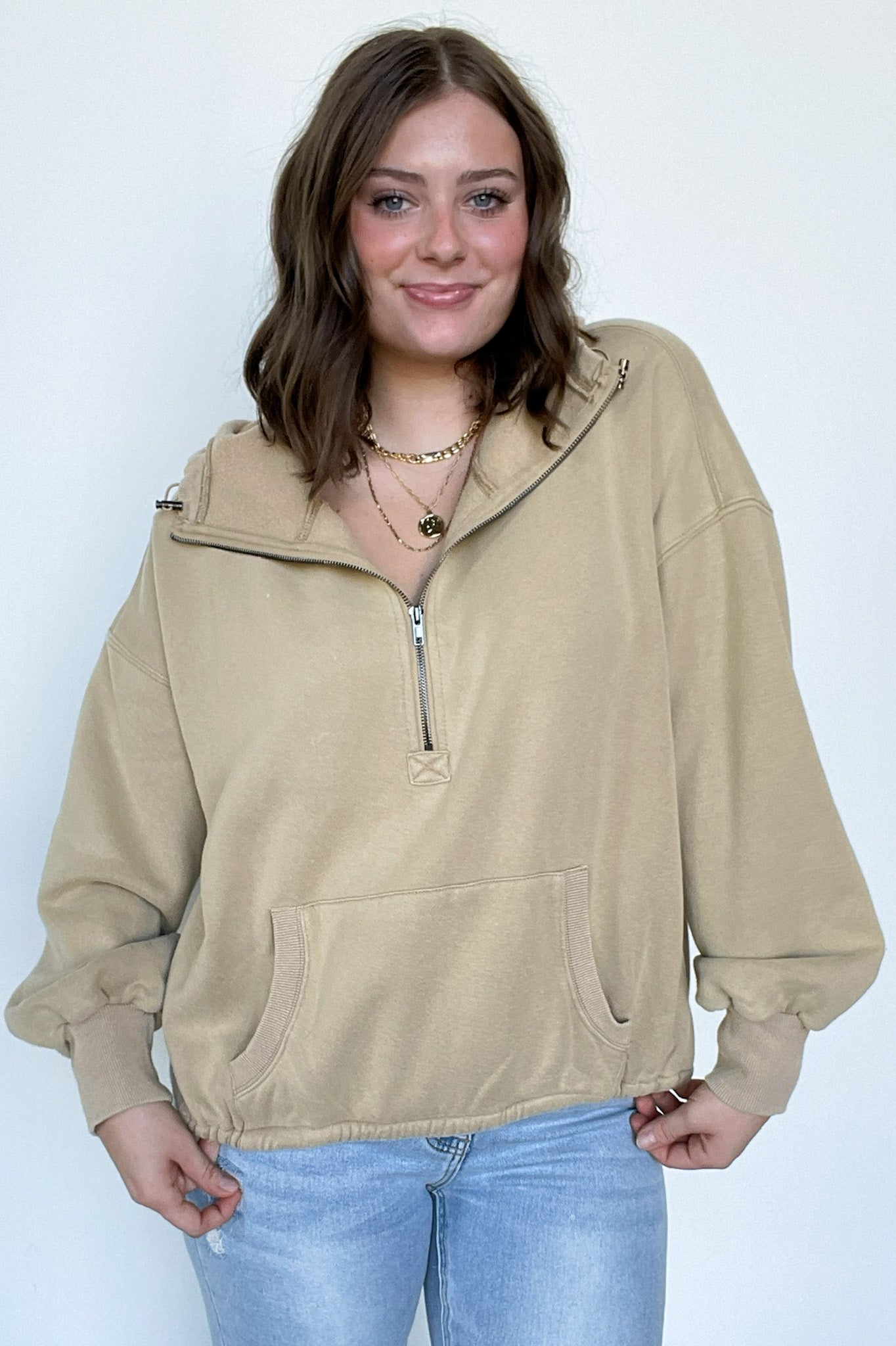  Maci Elastic Hem Half Zip Hooded Pullover - Madison and Mallory