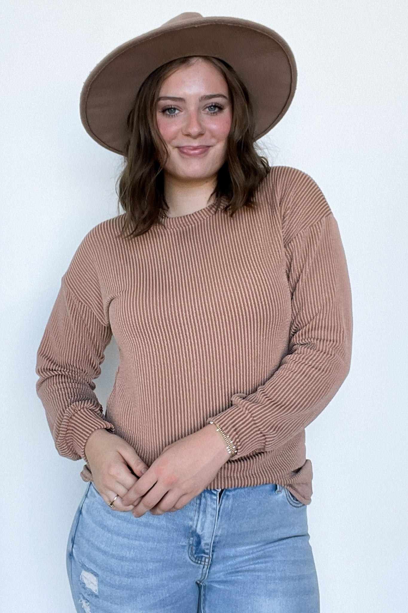 Taupe / S Taryn Ribbed Knit Puff Sleeve Top - Madison and Mallory