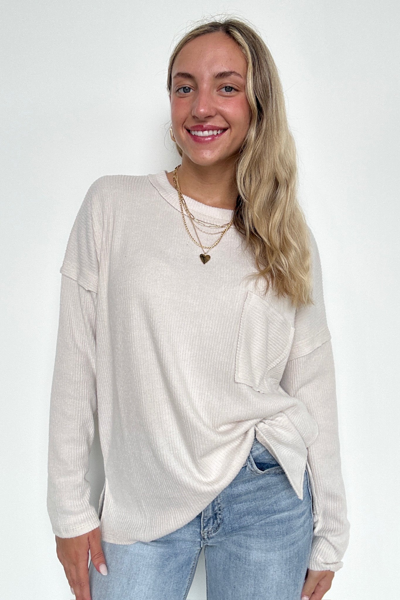 Sand Beige / S Chill Essentials Ribbed Brushed Knit Pocket Top - Madison and Mallory